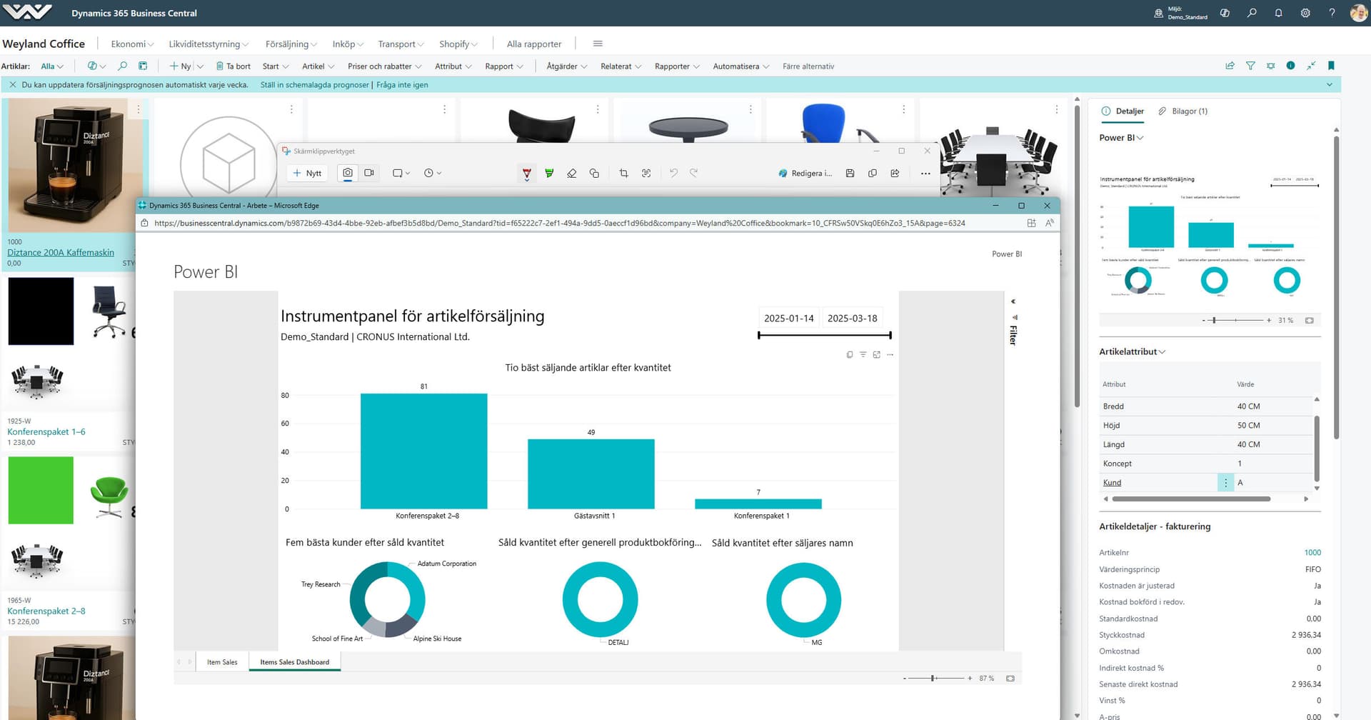 Artikellista och PowerBI i eget fönster
